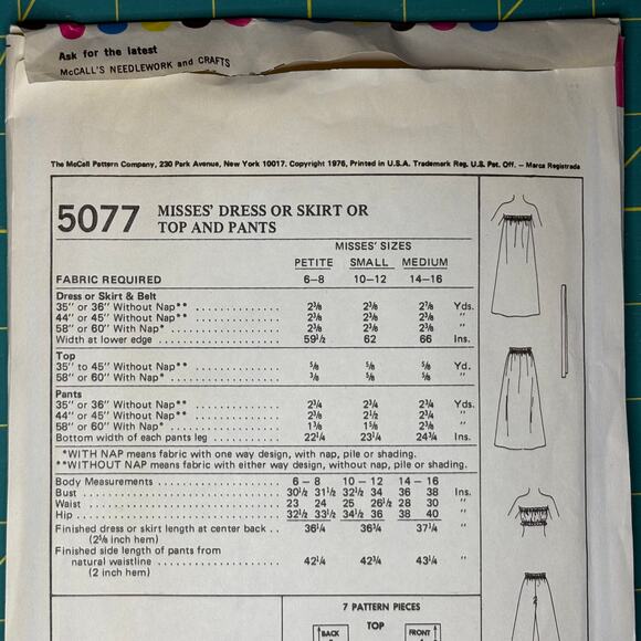 Vtg 1976 McCalls 5077 Cut Complete Pattern Ms Petite 6-8 Dress Skirt Top Pants - Picture 5 of 6